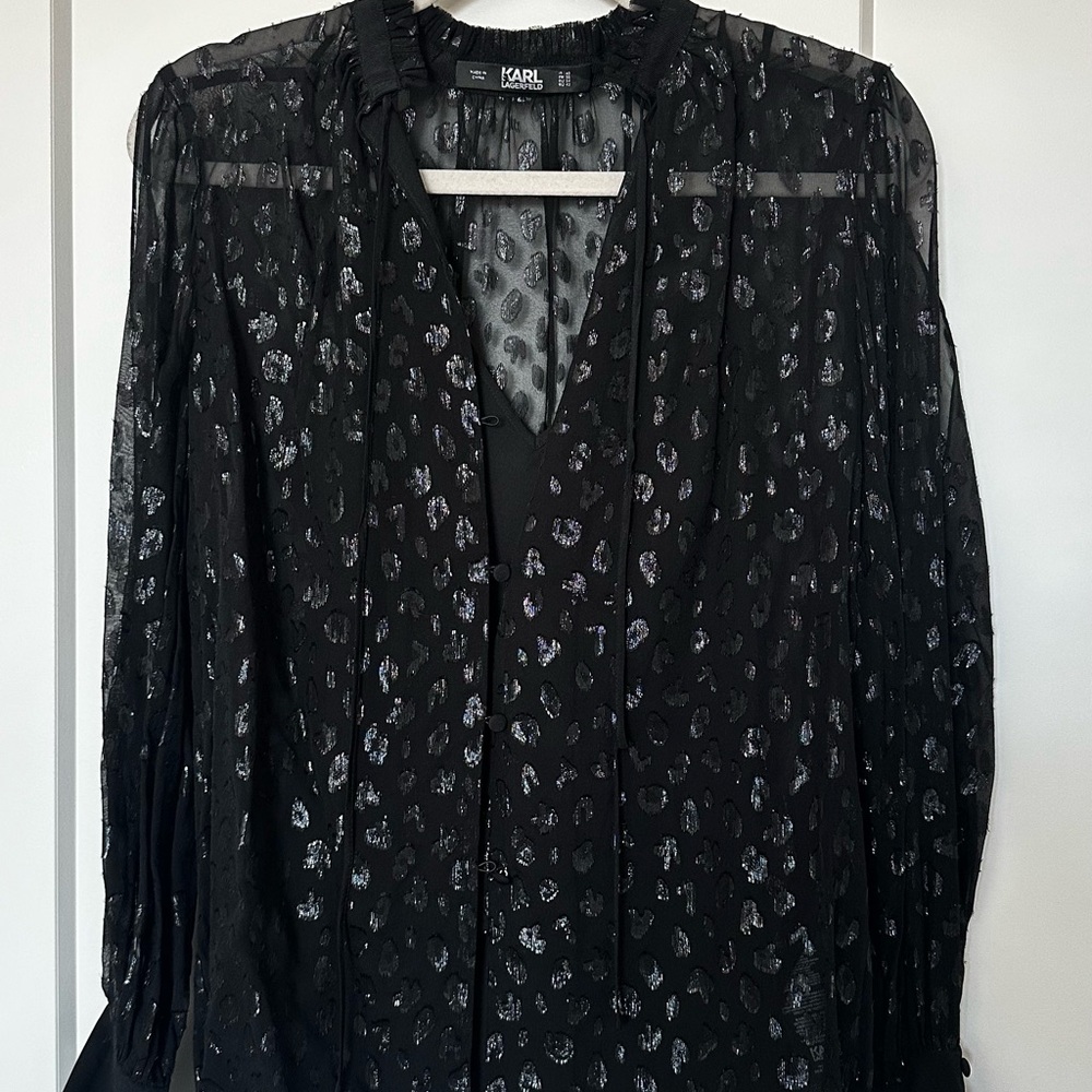 Karl Lagerfeld Black Sheer Blouse with Silver Metallic Leopard Motif